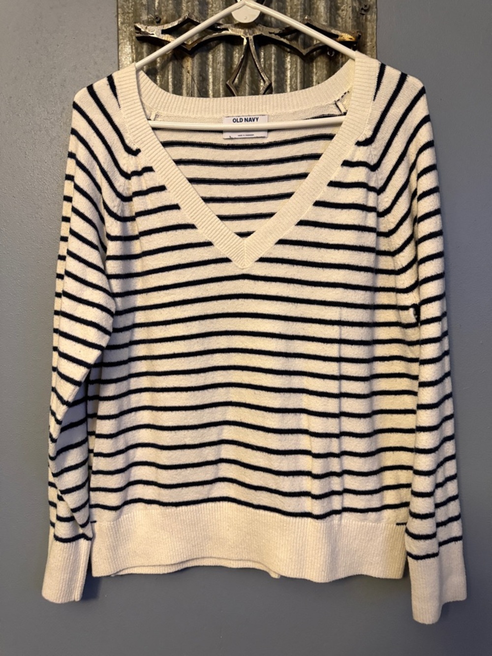 Old Navy Cream V-Neck Sweater with Black Stripes